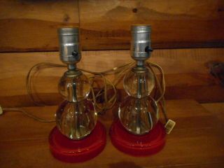 2 Vintage Leviton Art Deco Glass Boudoir Lamps Red Balls Antique needs shade 6