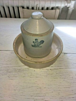 Vintage Chicken Stoneware Crockery Feeder Water Top & Base Antique Farm Blue