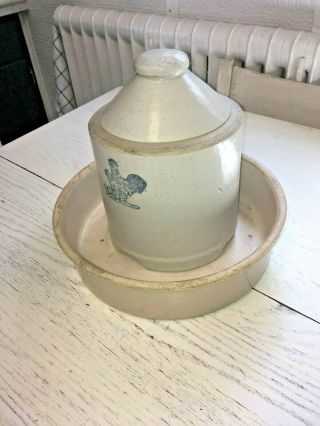 Vintage Chicken Stoneware Crockery Feeder Water Top & Base Antique Farm Blue 2