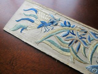 Antique 19th Century CHINESE SILK EMBROIDERED PANEL Butterfly Peony BLUE WHITE 2