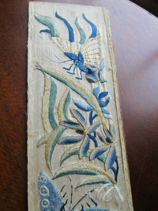 Antique 19th Century CHINESE SILK EMBROIDERED PANEL Butterfly Peony BLUE WHITE 3