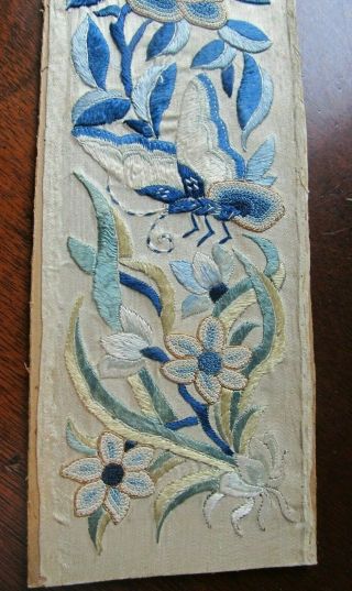 Antique 19th Century CHINESE SILK EMBROIDERED PANEL Butterfly Peony BLUE WHITE 4