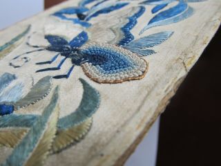 Antique 19th Century CHINESE SILK EMBROIDERED PANEL Butterfly Peony BLUE WHITE 6