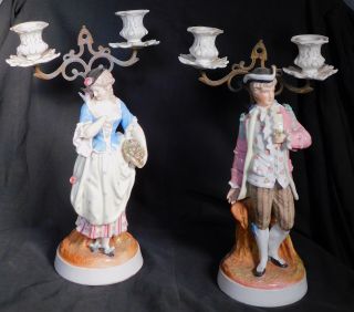 Pair Antique German Porcelain Figural Bronze Candelabra Candle Holder Voigt Asis