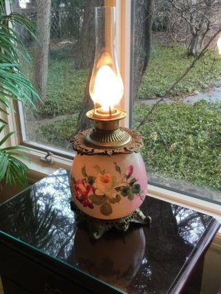 19th C Victorian Banquet Lamp Oil Kerosene Gwtw Gone With The Wind Antique Roses