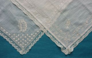 2 small antique French whitework lace edged handkerchiefs with monograms 2