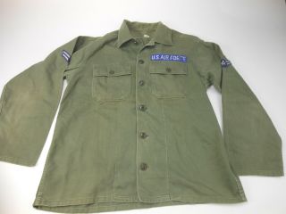 Vintage Usaf Us Air Force Utility Green Fatigue Uniform Shirt W Patches
