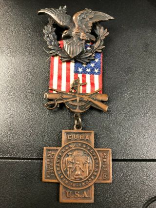 Spanish American War Service Medal Pin Ribbon Badge Numbered American Flag
