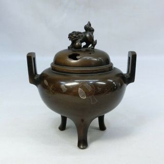 F958: Japanese Incense Burner Of Copper Of Good Quality With Silver Inlay.