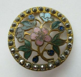 Marvelous Antique Vtg French Champleve Enamel Button Flowers W/ Cut Steels (b)