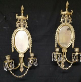Pair Antique Mirrored Brass Wall Sconces Candleholders W/prisms - As Found - 24 "