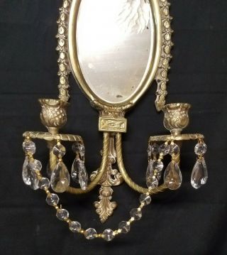 Pair Antique Mirrored Brass Wall Sconces Candleholders w/Prisms - As Found - 24 