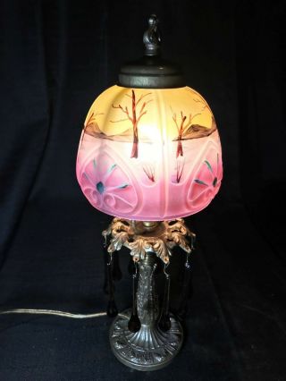Antique Victorian Boudoir Lamp Reverse Painted Mountains Glass Shade