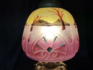 Antique Victorian Boudoir Lamp Reverse Painted Mountains Glass Shade 2