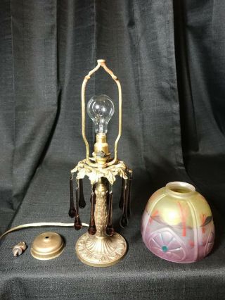 Antique Victorian Boudoir Lamp Reverse Painted Mountains Glass Shade 3