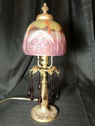 Antique Victorian Boudoir Lamp Reverse Painted Mountains Glass Shade 5