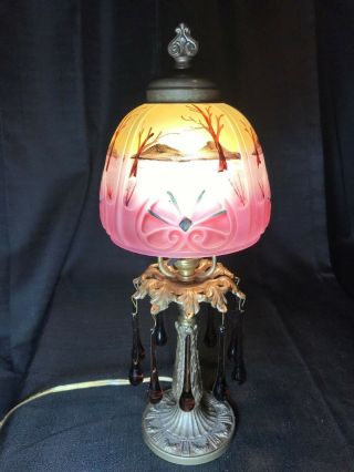 Antique Victorian Boudoir Lamp Reverse Painted Mountains Glass Shade 8