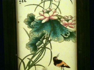 11.  4 Inches Chinese Wooden Frame Porcelain Bird & Lotus 夏 Wall Hanging Plaque