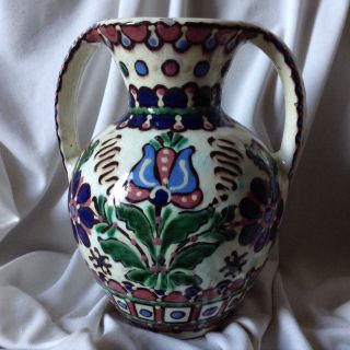 Antique Signed Hungarian Matyó Porcelain Folk Pottery Handpainted Vase Balaton