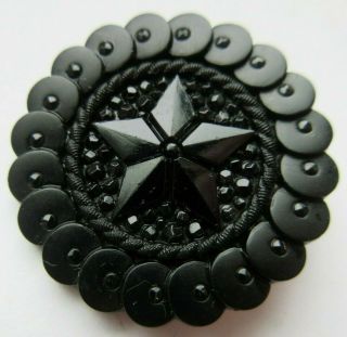 Exquisite Large Antique Vtg Victorian Black Glass Button Star & Sequin Rim (b)