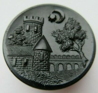 Pristine X Large Antique Victorian Black Glass Picture Button Castle Moon (b)