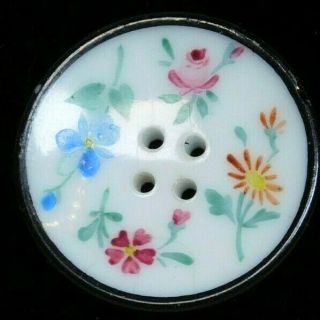 Antique Vtg Button Hand Painted White Glass Victorian Flowers 1.  0 M5