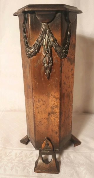 Antique W.  F.  B.  Tall Metal Hexagonal Vase Art Nouveau Copper Finish/filigree