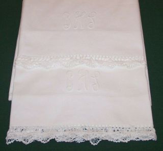 Vintage Antique Pillowcases,  Hairpin Lace,  " Bhs " Monogram,  Snow White,  C1920
