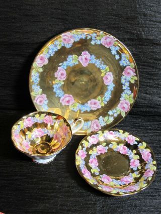 GOLD Vintage QUEEN ANNE Tea Cup Saucer Plate TRIO CABBAGE ROSE Bone China Gilt 2
