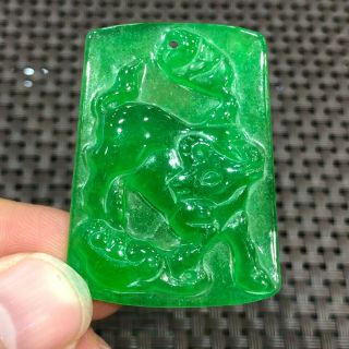 Chinese Zodiac Green Jadeite Jade Handwork Collectible Goat & Ruyi Rare Pendant