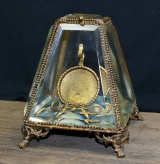 Antique French Ormolu Beveled Glass 2 Cherubs Pocket Watch Pyramid Holder Box