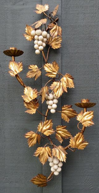 Vintage Italian Tole Metal Candle Holders Wall Sconce Leaves - Grapes