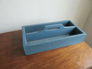 Vintage Old Rustic Wooden Carpenter ' s Tool Box Primitive Carrying Tote - Blue 4