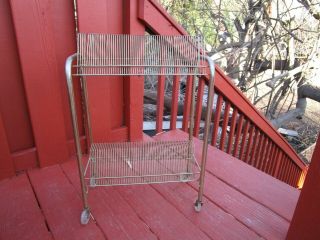 Vtg Mid Century Metal Gold Tone 45 Record Rack Stand Rolling Cart Holder 2 Tier