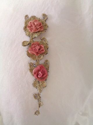 Stunning Small Antique French Handmade Lace Applique With Pink Silk Roses