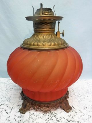 Antique Swirled Footed Fostoria Satin Red Kerosene Oil Lamp Base Brass 5 " Font