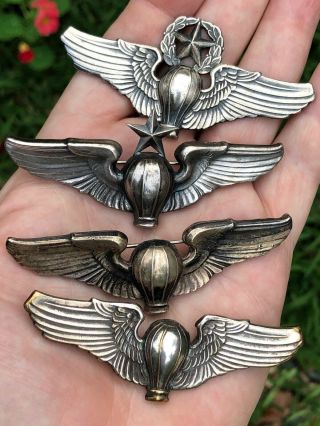 4 Rare Pre Or Wwii Era Sterling Silver & Metal Balloon Crew Wings Emblems Pins