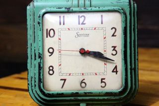 Vintage Sessions Art Deco Kitchen Wall Clock MCM Chippy Green Paint Red Diner 2