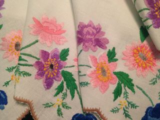 Vintage Hand Embroidered Tablecloth Gorgeous Anemones & Mimosa