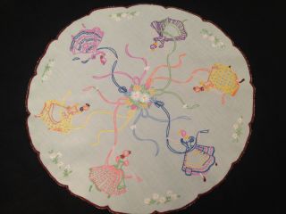Vintage Hand Embroidered Table Centre Piece Crinoline Ladies Maypole Dancing