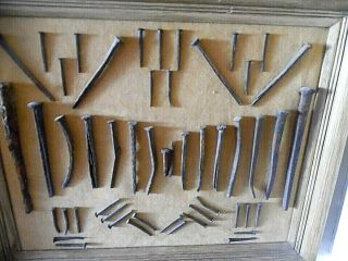 ANTIQUE FRAMED DISPLAY 51 SQUARE HEAD BARN NAILS & RAILROAD SPIKES 2