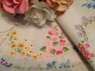 Vintage Hand Embroidered Tablecloth Walled Garden And Flowers