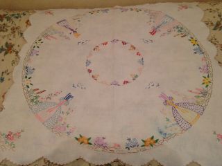 Vintage Hand Embroidered Tablecloth Crinoline Lady And Circle Of Flowers