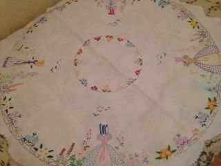 Vintage Hand Embroidered Tablecloth Crinoline Lady and Circle of Flowers 2