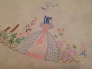 Vintage Hand Embroidered Tablecloth Crinoline Lady and Circle of Flowers 3