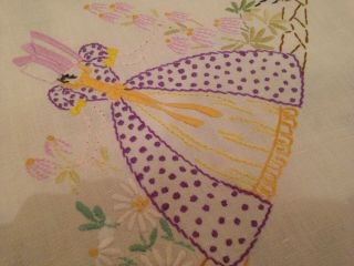 Vintage Hand Embroidered Tablecloth Crinoline Lady and Circle of Flowers 4