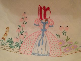 Vintage Hand Embroidered Tablecloth Crinoline Lady and Circle of Flowers 5