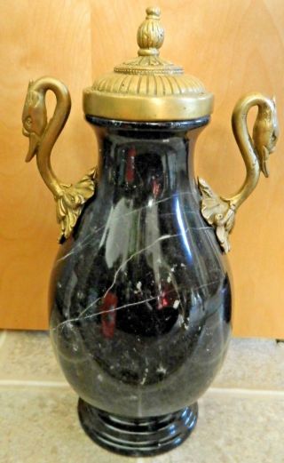Louis Xvi Antique French Black Marble Ornate Gilded Bronze Swan Urn Vase