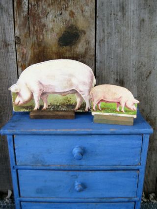 2 Sizes Antique Cardboard Farm Animal W Wood Stand Yorkshire Pig Freeshipping