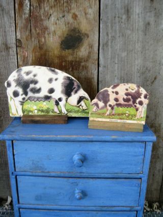 2 Sizes Antique Cardboard Farm Animal W Wood Stand Spotted China Pig Freeship